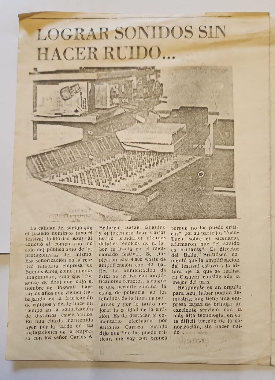 Nota periodística de 1981 sobre la sonorización realizada por Pro-Watt